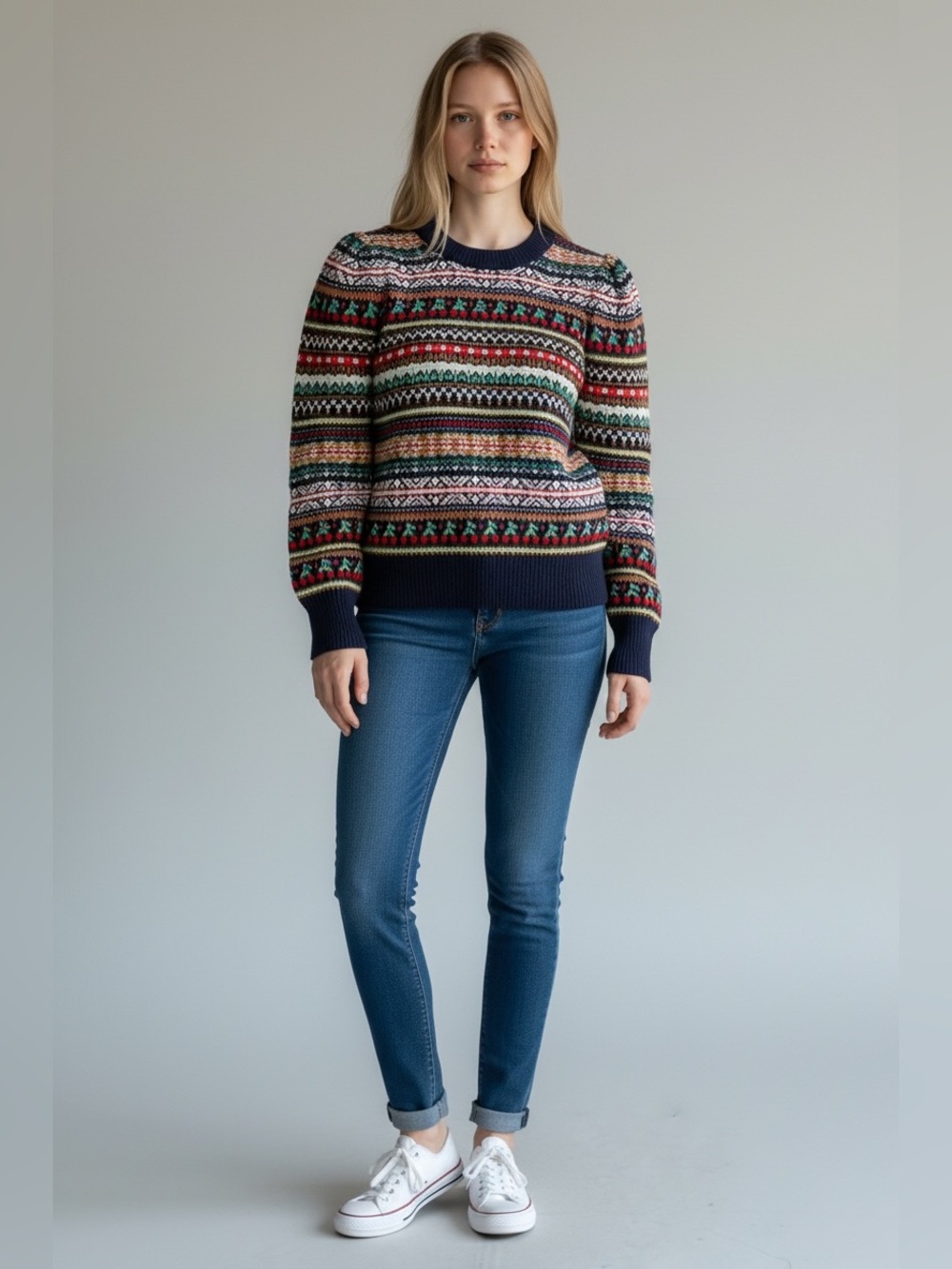 J Crew wool blend puff sleeve Fair Isle Pattern Sweater in Multicolor